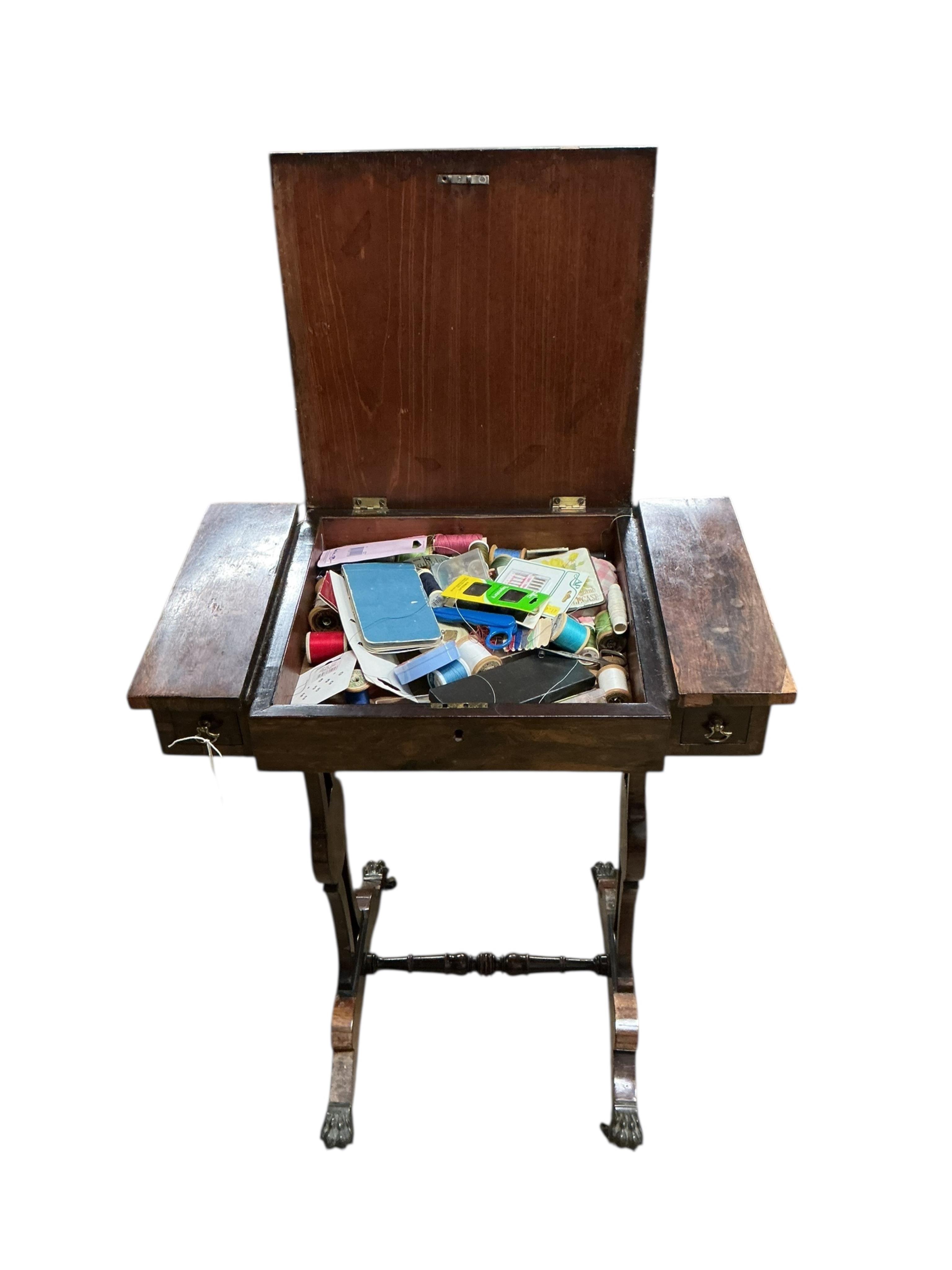 A Regency rosewood work table, width 58cm, depth 38cm, height 71cm together with a later walnut work table and a triple dressing table mirror